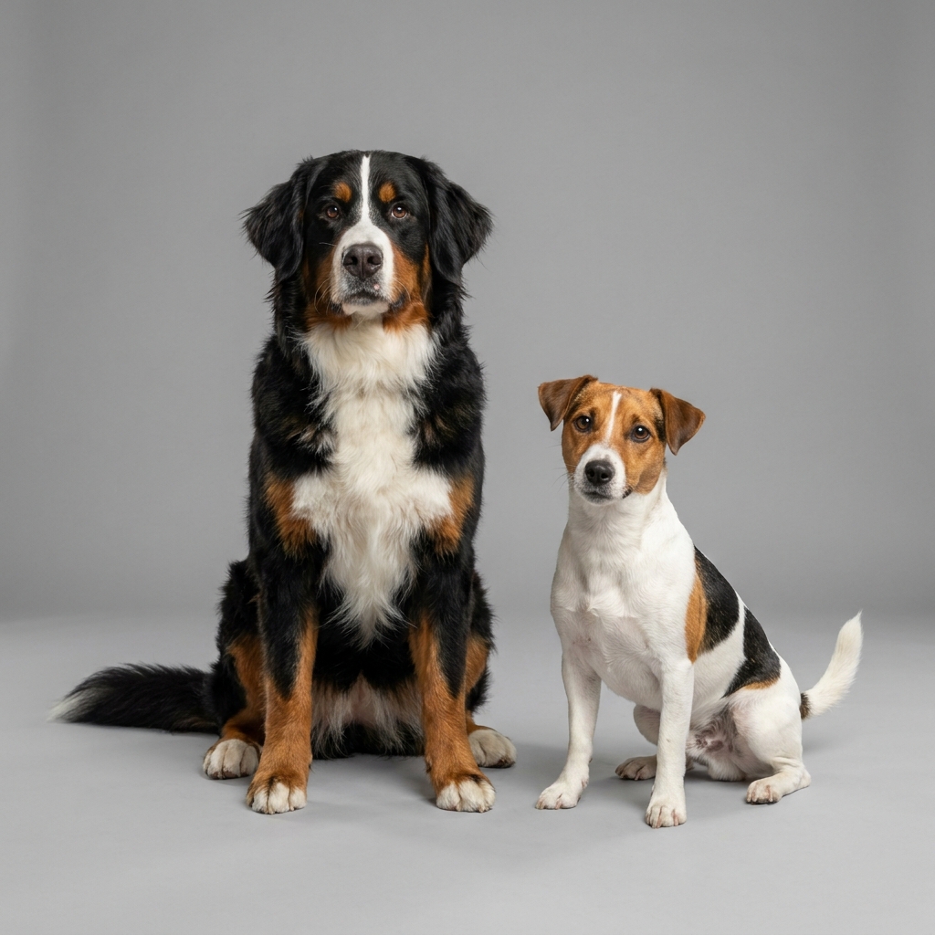 Ein Berner Sennenhund und ein Jack Russell Terrier sitzen nebeneinander vor grauem Hintergrund.