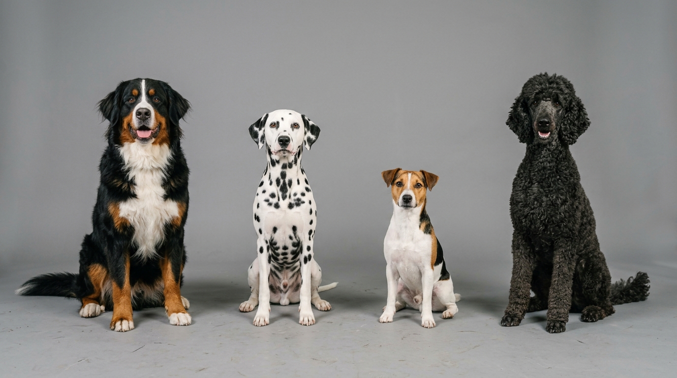 Ein Berner Sennenhund, ein Dalmatiner, ein Jack Russell Terrier und ein Großpudel sitzen nebeneinander vor neutralgrauem Studiohintergrund.